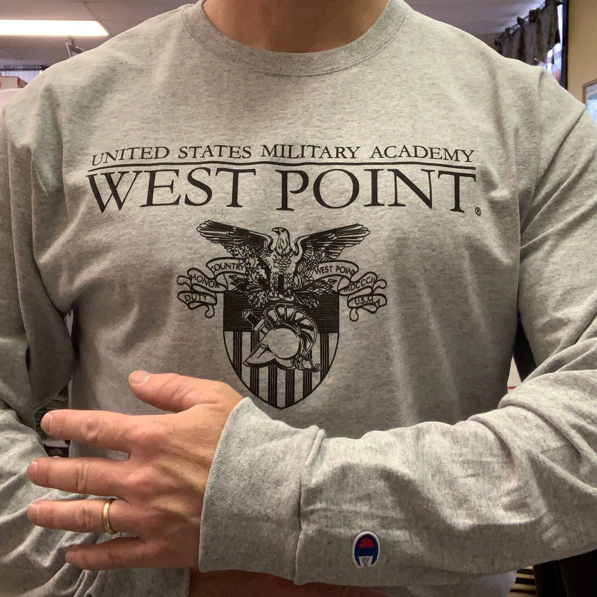 Long Sleeve Shirt: West Point Word Art +USMA Crest (Champion Tagless Long  Sleeve)